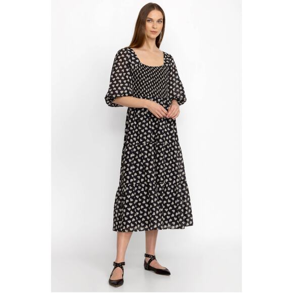 Johnny Was XL Black couple of hearts smocked midi dress - Picture 7 of 8